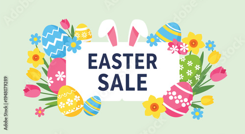Easter sale banner featuring decorated eggs, bunny elements, and bold promotional typography space in flat solid color vector style