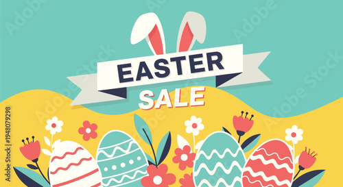 Easter sale banner featuring decorated eggs, bunny elements, and bold promotional typography space in flat solid color vector style