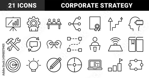 Business management and corporate strategy line icon set. Vector pictograms of gear, chart, meeting, network, certificate, and tools, thin outline illustration.