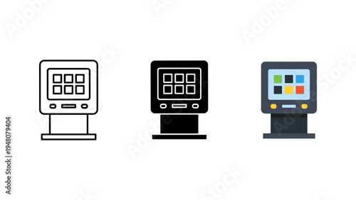 set of three modern touchscreen kiosks with user interface flat design vector illustration