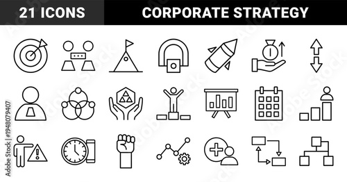 Business and strategy line icon set. Vector pictograms of mountain, target, rocket, calendar, chart, presentation, podium, and clock, thin outline illustration.