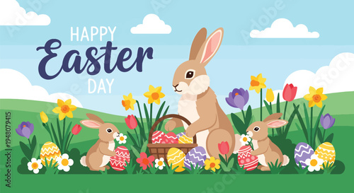 Cute bunny family with decorated Easter eggs celebrating together in blooming spring meadow in modern flat solid color vector style