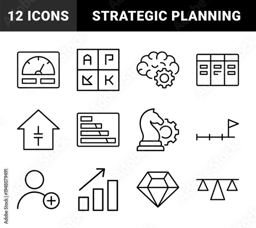 Business and strategy icon set. Vector pictograms of chess knight, gears, brain, charts, timeline, diamond, and growth graphs, thin outline illustration.