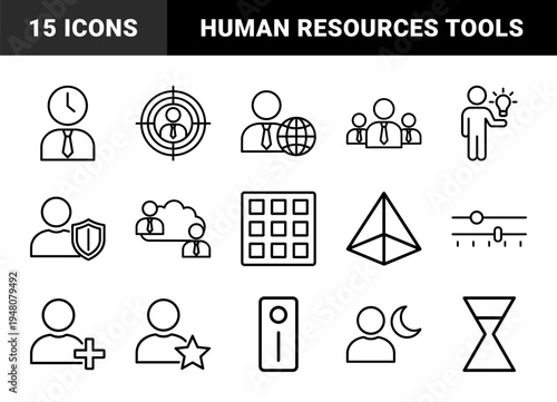 Business and people line icon set. Vector pictograms of team, clock, global, target, idea, cloud, security, settings, favorite, add, pyramid, moon, power, and hourglass.