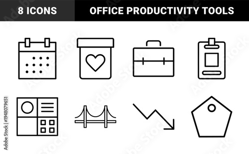 Business and productivity line icon set. Vector pictograms of calendar, heart box, briefcase, dashboard, bridge, id badge, down arrow, tag, and filter illustration.