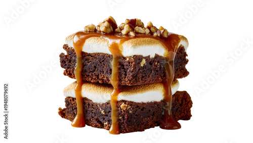 Foto Isolated stacked brownies with toasted marshmallows, gooey caramel drizzle, and