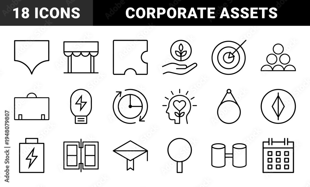 Fototapeta premium Business and productivity line icon set. Vector pictograms of target, lightbulb, calendar, battery, briefcase, and compass, thin outline illustration.