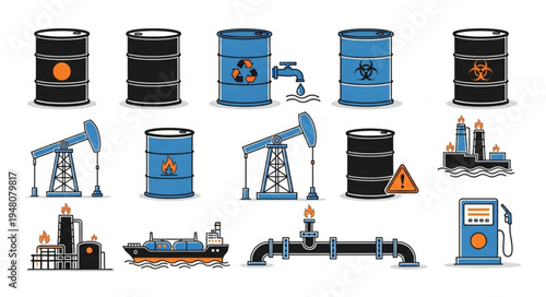 Oil Industry Elements - Barrels, Pumps, Pipeline, Tanker, Refinery, and Gas Station.