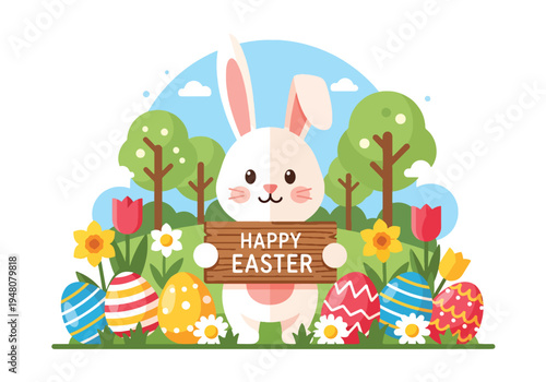 Adorable Easter bunny holding Happy Easter sign surrounded by decorated eggs and blooming spring flowers in flat solid color vector style