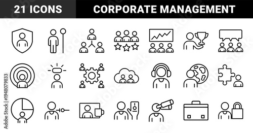Business and human resources line icon set. Vector pictograms of team, leadership, trophy, cloud, global, chart, suitcase, and vision, thin outline illustration.