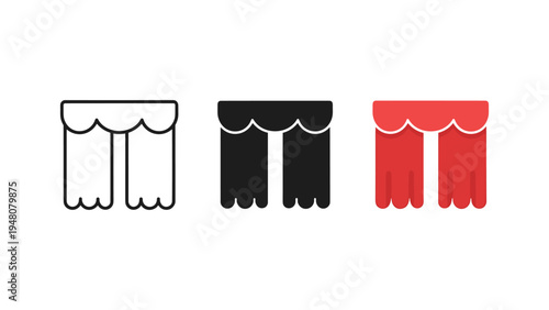 set of three theater curtains in white, black, and red flat design vector illustration