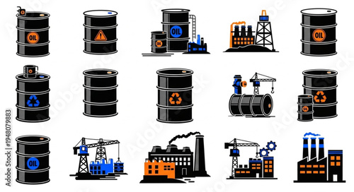 Oil Industry Icons - Barrels, Rigs, and Factories in Vector Style.