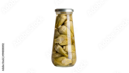 Obraz na plátně Isolated glass jar of pickled artichoke hearts, delicious ingredient for Mediterranean dishes