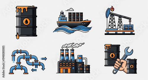 Oil and Gas Industry Elements - Barrel, Ship, Pump, Pipes, Factory, Wrench.