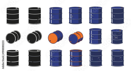 Collection of Oil Drums - Black, Blue, and Orange Barrels.