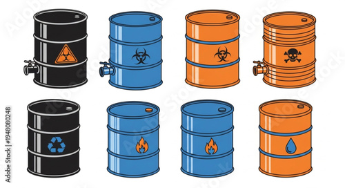Collection of Colorful Barrels with Hazard Symbols - A Visual Representation of Industrial Waste and Environmental Concerns.