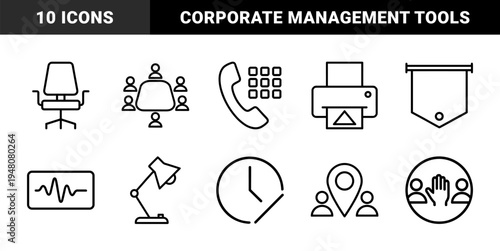Business and office line icon set. Vector pictograms of meeting table, chair, telephone, printer, lamp, monitor, banner, clock, and location, thin outline illustration.