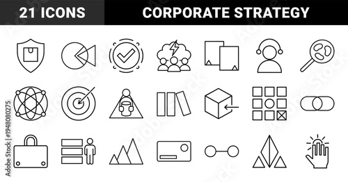 Business and management line icon set. Vector pictograms of target, winner, cloud, network, mountain, shield, cube, and gear, thin outline illustration.