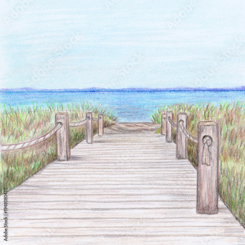 Billede på lærred Hand-drawn illustration of a wooden boardwalk leading to the ocean through tall grass, a serene coastal pathway