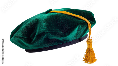 Canvastavla Isolated green velvet academic doctoral tam with a golden tassel for graduation