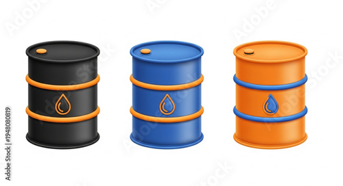 Oil Barrels - Black, Blue, and Orange - Energy Industry.