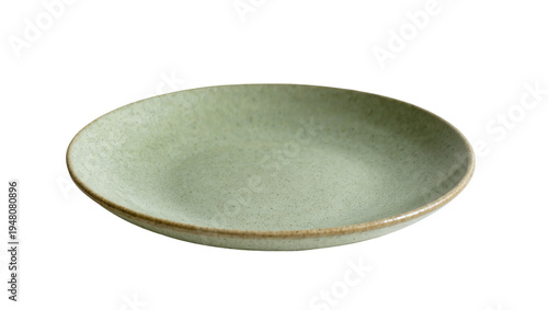 Isolated empty green rustic ceramic dinner plate with an earthy unglazed rim for food