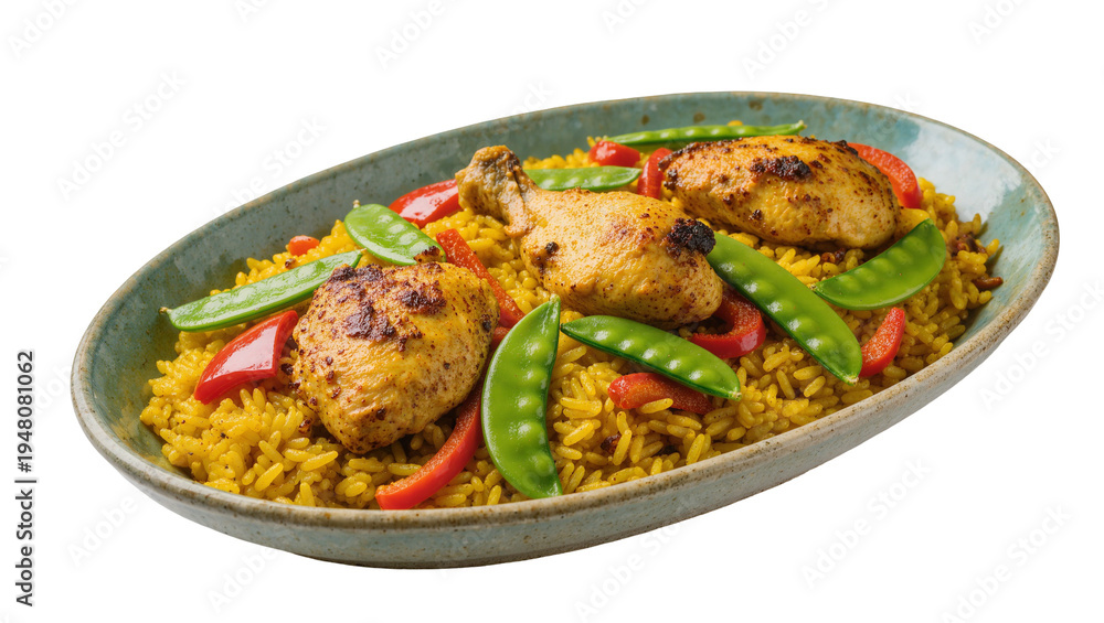 Fototapeta premium Isolated delicious chicken and yellow rice meal with red bell peppers and green snap peas in a serving bowl