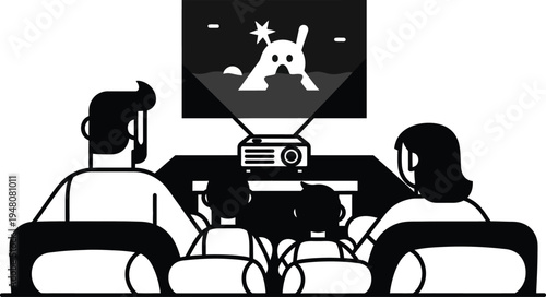 family watching movie on projector