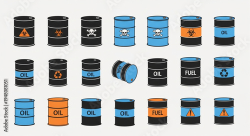 Collection of Colorful Oil and Fuel Barrels with Hazard Symbols.