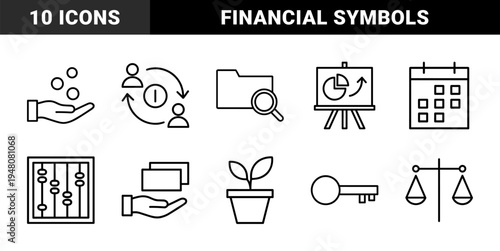Business and finance line icon set. Vector pictograms of folder, coins, chart, exchange, plant, abacus, cards, calendar, bulb, key and scales, thin outline illustration.