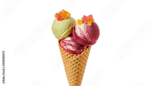 Принти на полотні Isolated delicious colorful ice cream cone with three scoops and vibrant fruit j