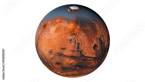 Foto Isolated realistic detailed full view of the planet Mars with polar ice cap in outer space