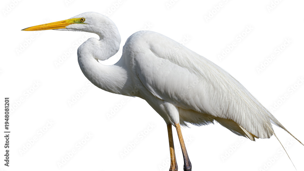 Obraz premium Isolated elegant great egret, a beautiful white heron with a yellow beak, standing gracefully