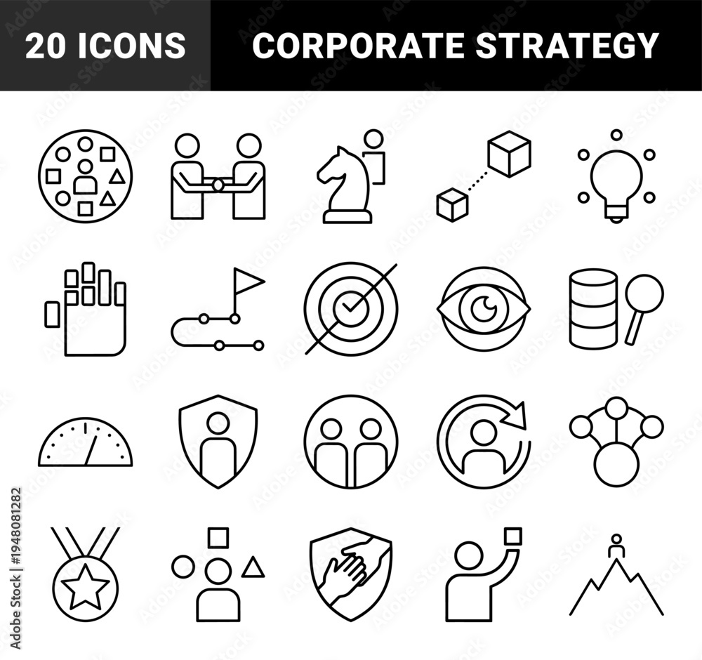 Fototapeta premium Business management icon set. Vector pictograms of strategy, data, roadmap, vision, leadership, achievement, and teamwork, thin outline illustration.