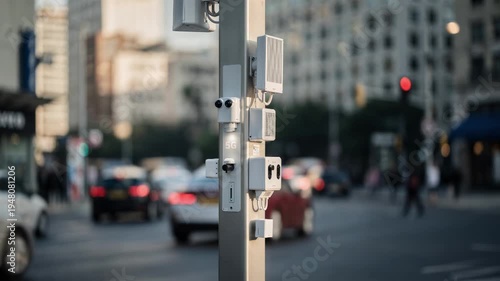 Wallpaper Mural Medium shot of a smart pole on a city boulevard featuring integrated 5G antennas and environmental sensors with blurred urban background highlighting connectivity. Torontodigital.ca