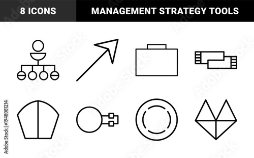 Business and management line icon set. Vector pictograms of arrow, briefcase, hierarchy, hat, flask, tickets, binoculars, diamond, and coin, thin outline illustration.