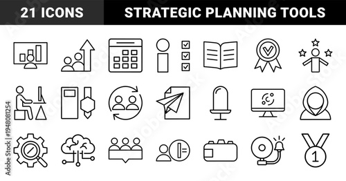 Business management and productivity icon set. Vector pictograms of calendar, checklist, data growth, user interface, gear, and award medal, thin outline illustration.
