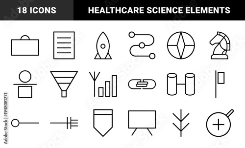 Medical and healthcare icon set. Vector pictograms of stethoscope, microscope, ambulance, dna, syringe, heart, and first aid kit, thin outline illustration.
