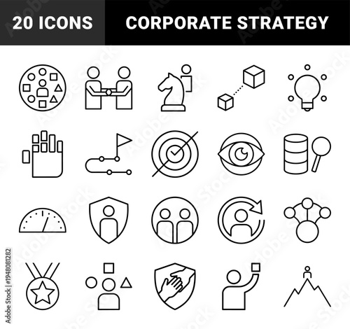 Business management icon set. Vector pictograms of strategy, data, roadmap, vision, leadership, achievement, and teamwork, thin outline illustration.