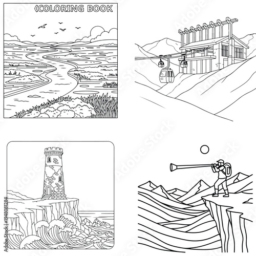 Observatory complex outline coloring page, space science vector art for kids, coloring book