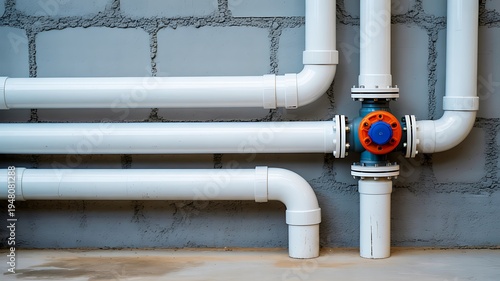 Industrial water pipe system with valves and plumbing installation on wall infrastructure concept