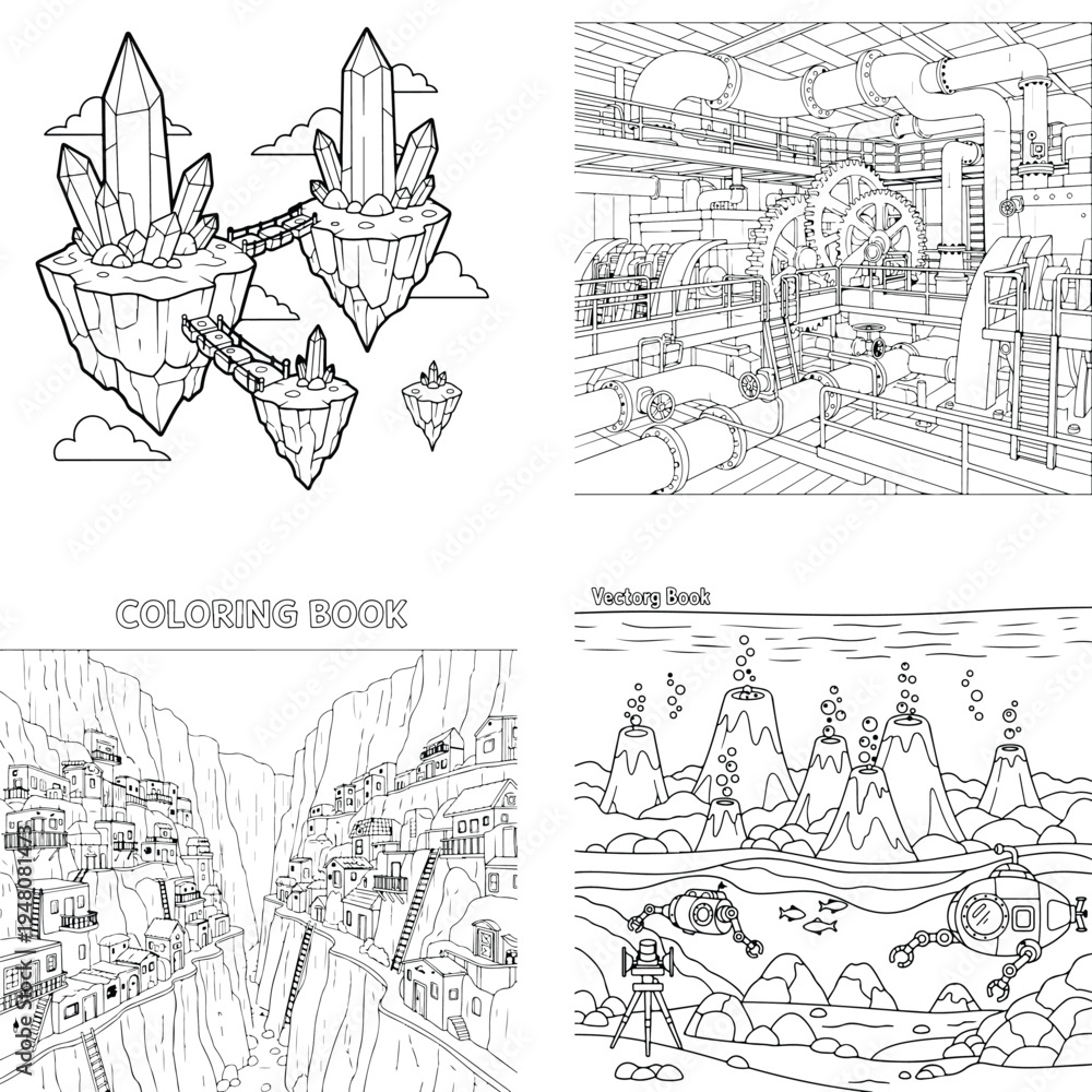 Obraz premium Waterfall jungle scene outline coloring page, tropical nature vector art, coloring book