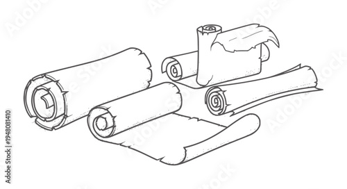 Hand drawn of antique parchment scrolls scattered white paper