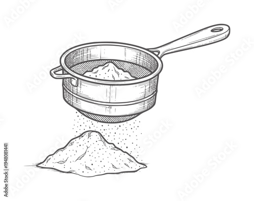 Hand drawn of flour being sifted through a sieve sifting powder baking