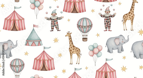 whimsical circus scene with animals and clowns