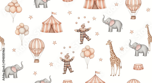 Cute circus scene with animals and clowns