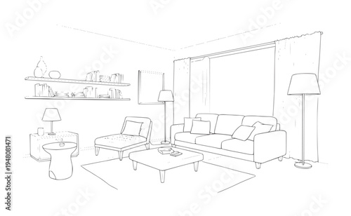 Line of a living room with sofa chaise lounge coffee table and shelves interior