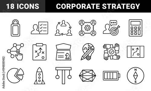 Business strategy line icon set. Vector pictograms of planning, team, rocket, analysis, compass, growth, and network, thin black outline illustration.