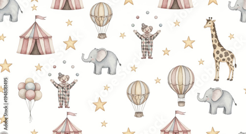 whimsical circus scene with animals and hot air balloons