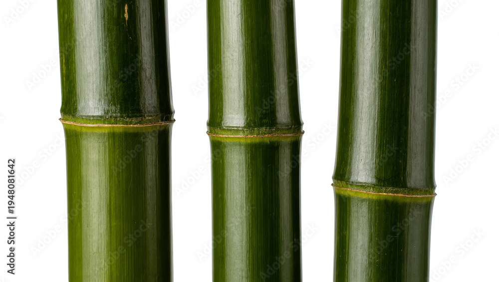 Fototapeta premium Isolated three vibrant green bamboo stalks with natural segments and smooth texture